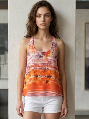 Aeropostale Sheer Orange Floral Striped Swing Raceback Tank Top Blouse Medium